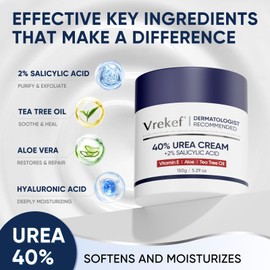VREKEF Urea Cream 40 Percent for Feet Maximum Strength, Urea Cream 40% Plus Salicylic Acid 2%, Foot & Hand Cream for Dry Cracked (Classic)