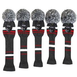 Scott Edward Golf Headcovers 5Pcs for Driver*1 Fairway*2 Hybrid*2,Knitted Elastic Yarn Double Layers Big Pom Protect Golf Club from Scracthes and Dust,Perfect Match Golf Bags (Grey White Red Stripe)