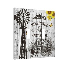 Rustic Windmill Farmhouse Double Toggle Light Switch Cover Plate Decorative Sunflower Butterfly Wood Board 2-Gang Wall Plate Country Vintage Farm Cows Electrical Switchplate Faceplate for Bathroom
