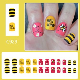 Bee Press on Nails Short Square False Nails with White Flower Daisy Design Yellow Black Striped Fake Nails Matte Red Glue on Nails Cute Reusable Summer Artificial Nails for Women Girls Manicure 24Pcs