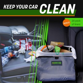 Drive - Car Trash Can - Collapsible, Leakproof Garbage Bin with Adjustable Strap and 20 Trash Bags - Car & Truck Accessories for Men and Women - Grey with Lid