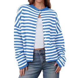 Saodimallsu Womens Striped Cardigan Casual Long Sleeve Open Front Button Down Loose Knit Lightweight Fall Sweaters Blue