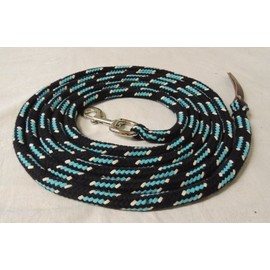 Pferdeseile_DE Boltsnap Ground Lead Black Turquoise Natural 4 Metres Cotton Silver + Dark Leather