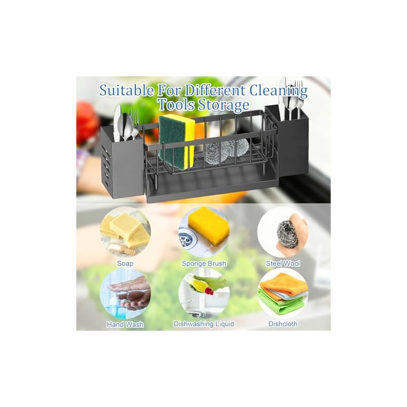 Sink Organiser Black with Towel Holder, Kitchen Organiser Sink with