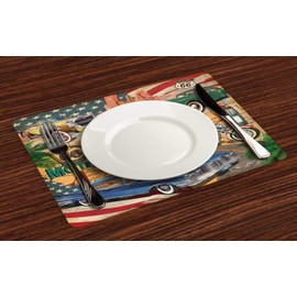 Lunarable Route 66 Place Mats Set of 4, Old Fashioned Cars Motorcycle on a Map Road Trip Journey American USA Concept, Washable Fabric Placemats for Dining Table, Standard Size, Beige Red