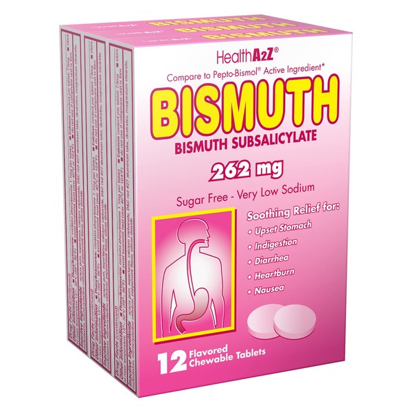 HealthA2Z Bismuth | Bismuth Subsalicylate 262mg | Multi-Symptom Relief | 3 Packs of 12 Chewable Tablets (36 Tablets Total)