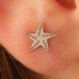 Dainty Flat 925 Silver Starfish Earring Studs Pair - Tiny Ear Studs Starfish Shape For Women Teens - Silicone Backings Included