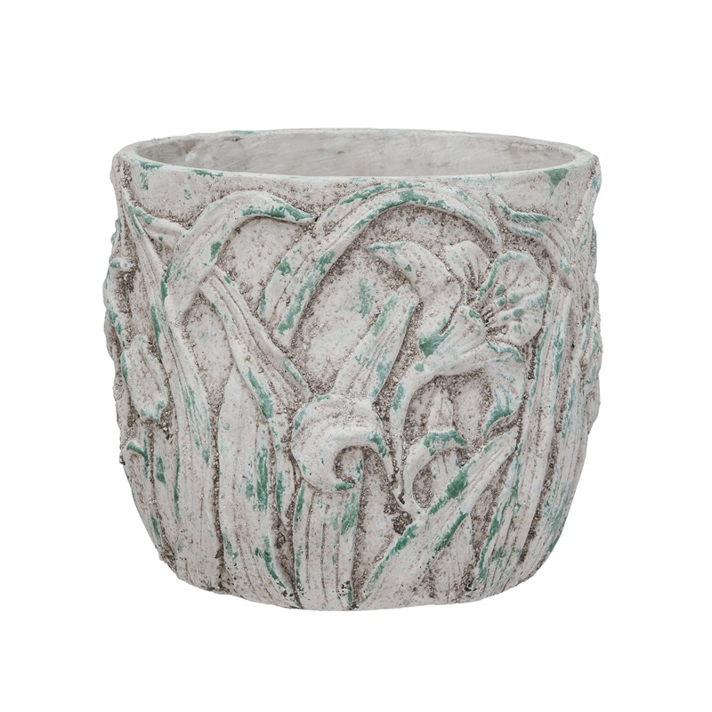 Creative Co-Op Embossed Floral Cement Planter, Distressed Green
