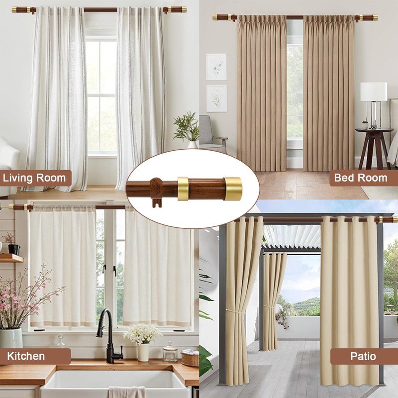 Wood Curtain Rods for Windows,1 Inch Boho Adjustable Window Curtain