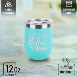 shop4ever Life Is Better At The Lake Engraved Insulated Stainless Steel Wine Tumbler with Lid (Teal)