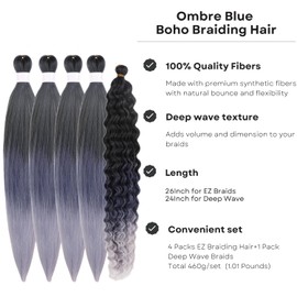 Light Blue Braiding Hair Pre Stretched for Boho Braids Ombre Hypoallergenic Boho Braiding Hair Pre-stretched Knotless ez Braids Synthetic braid hair extensions
