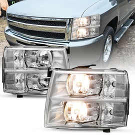 SOCKIR Fits for 07-13 Chevy Silverado Headlight Assembly Pair 2007 2008 2009 2010 2011 2012 2013 Silverado 1500 / 2500HD / 3500HD & 2014 Old Body Style Chrome Housing with Clear Reflector