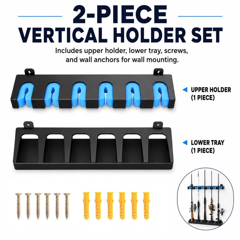 Fishing Rod Holder Wall Mount Rack Organizer, Holds 6 Rods