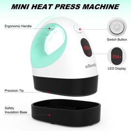 eSeedy Mini Heat Press Machine, 3 Heat Settings, Precise Temperature Control,15 Mins Auto-Off, Insulated Safety Base, Mini Iron for Crafting, T Shirts, Hats, Heating Transfer Projects