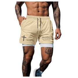 VIPWOLF Men's 2 in 1 Drawstring Waist Athletic Shorts Cross Graphic Running Shorts with Liner Brown Medium