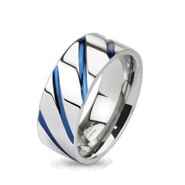 Paula & Fritz® Men's Silver Blue Striped Titanium Ring Grade 2 Size J to Z 6mm 8mm Wide Couple Engagement Ring Ladies, Titanium, No Gemstone