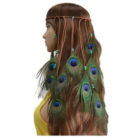 Nicedmm Fashion Bohemian Style Folk-Custom Peacock Feather Hair Ornaments Tassel - Boho Weave Hairband Hippie Headband Headdress for Women Lady
