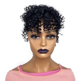 VAVANGA Curly Ponytail with Bangs Drawstring 12inch Short Kinky Curl Hair Ponytail with Bangs Afro Puff Clip in Hair Piece for Black Women