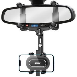 IPOW Large Rearview Mirror Phone Holder for Car 360°Rotatable and Retractable, 2023 Upgraded Four Corners Fixed Anti-Shake Multifunctional Design for Car Rearview Mirror with Button