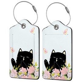 Smiling Black Cat Among Flowers 2 Pack Luggage Tag for Suitcase, Leather Bag Tags Identifiers Privacy Cover ID Label with Steel Loop for Women Men Kids Girls Travel