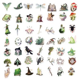 Pigbit 50Pcs Forest Mystical Magic Witch Stickers - Waterproof Vinyl Green Aesthetic Witchy Stickers for Laptops,Water Bottle,Journals,Scrapbooks