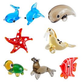 Hobbspring 8 Styles Hand Blown Glass Figurines Miniature Animal Glass Decor Includes Whale Walrus Dolphin Butterflyfish Turtle Starfish Sea Dog Animal Figurine for Collectible Home Decor Gifts