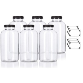 JUVITUS (6 pack) 32 oz Clear PET Plastic Packer Bottles with Black Ribbed Lid + Labels