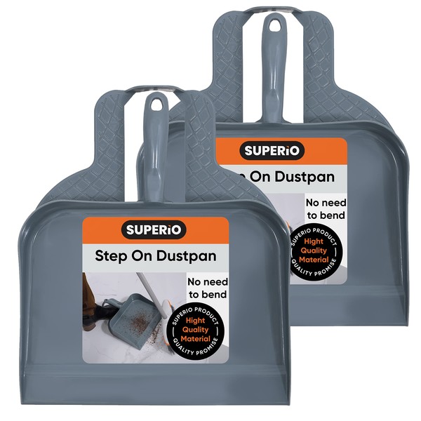 Superio Heavy Duty Plastic Step-on Dustpan with Comfort Grip Handle Grey, Durable, Lightweight Multi Surface Dust Pan Easy Broom Sweeping, 10-inch Wide, 2-Pack