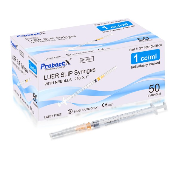 ProtectX 50 Pack 1ml/cc Syringe with 25G 1 Inch Needle