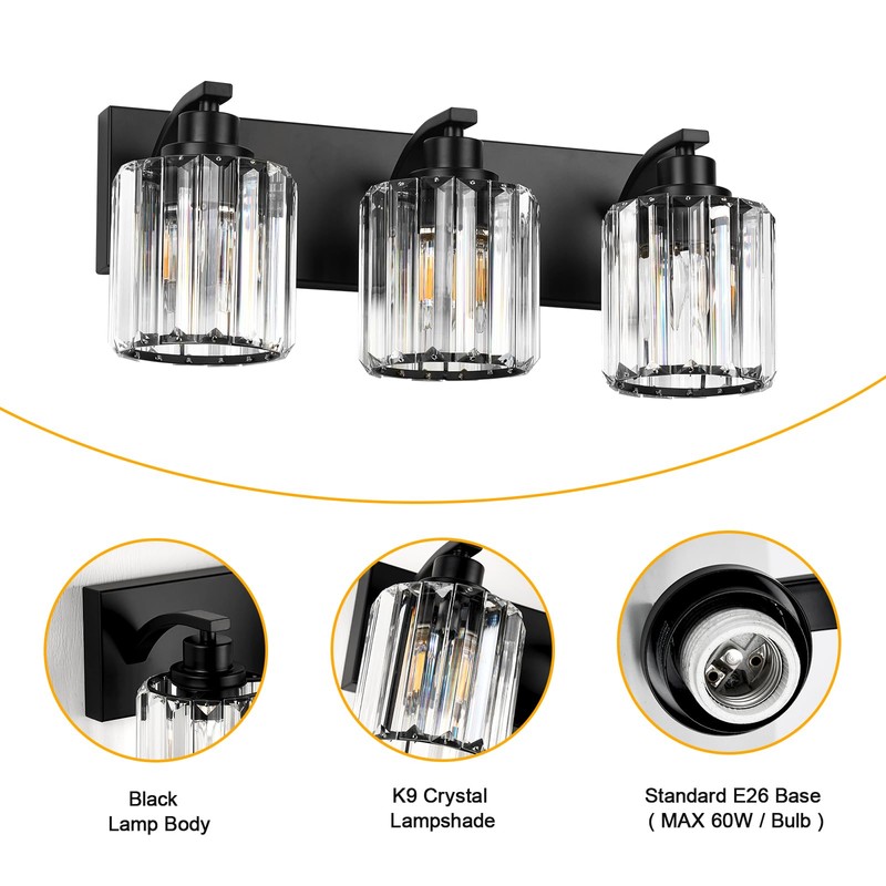 Haolaike 3 Lights Crystal Bathroom Vanity Light Modern Black Bathroom