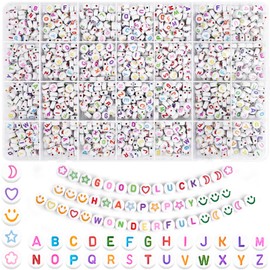 HOLDLEAF Pack of 1400 Colourful Alphabet Beads, Letter Beads for Bracelets, 7 mm Round Letter Beads for Threading A-Z Smiley Heart Beads, Make Your Own Letter Beads for Bracelets, Necklaces
