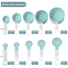 Measuring Cups and Spoons Set of Huygens Kitchen Gadgets 10 Pieces, Stackable Stainless Steel Handle Measuring Cups for Measuring Dry and Liquid Ingredient (Lake blue)