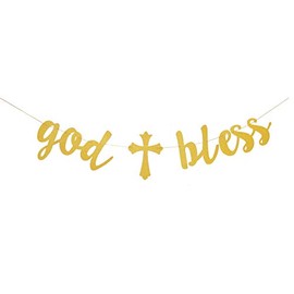Topfunyy Cross God Bless Banner Gold Glitter Baptism Garland for Baptism Communion Party Christening Wedding Baby Shower Christmas Decorations