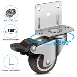 Swivel Castors Set 38 mm, Furniture Castors Heavy Duty with Brake, Set of 4, 360 Degree Swivel Castors, Transport Castors, Swivel Castors with L Mounting Plate, 80 kg Load Capacity for Furniture