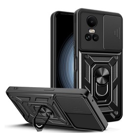 carinacoco Case for OPPO Reno 10 5G/Reno 10 PRO 5G, Slide Camera Cover with Rotating Finger Ring Stand Anti-Scratch Hard Armour Shell Shockproof Bumper Cover, Black
