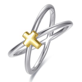 AVECON 10mm Breit Silber Ring für Frauen Herren Crisscross X und Kreuz 14 Karat Gold Plattiert, Größe 54.4/17.3