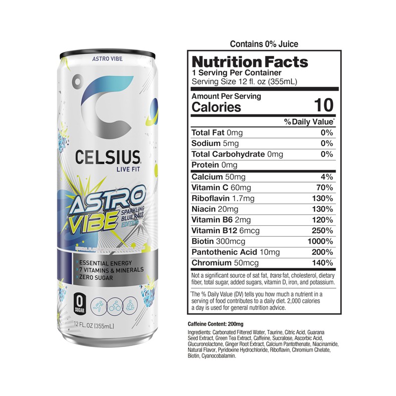 CELSIUS ASTRO VIBE Sparkling Blue Razz, Sugar Free Energy Drink,