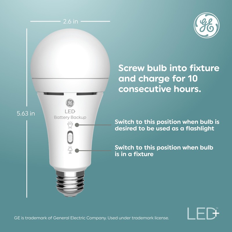 GE LED+ Battery Backup A21 LED Light Bulbs, Rechargeable Light