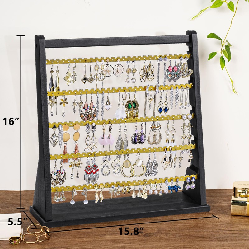 Poyilooo Earring Organizer Stand, Rustic Wood Earring Holder Rack, 5