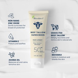 Beef Tallow Sunscreen SPF 50: Natural Tallow & Zinc Oxide Sunblock Cream for Face & Body - Sun Protection with Non Greasy Formula for Women and Men - Water-Resistant 3 oz (85 g)