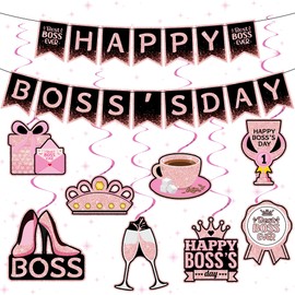 MISS FANTASY Boss Day Decorations for Women Lady Boss,Happy Boss Day Decorations Banner Hanging Swirls for Office Pink Bosses Day Decorations Foil Swirls Ceiling