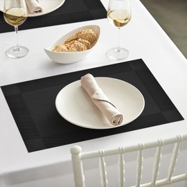 Artoid Mode Black Crossweave Vinyl Non-Slip PVC Set of 6 Placemats, Wipeable Washable Woven Place Mats For Home Holiday Party Dining Table