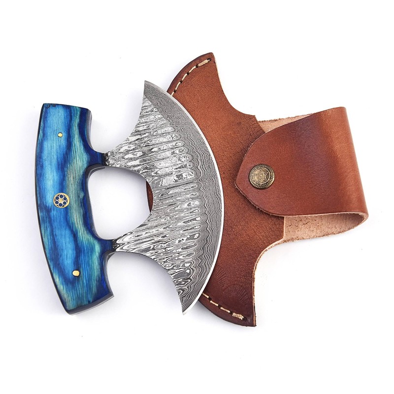MOHID ENT Damascus ulu knife with leather sheath, 6" Best