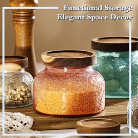 Decorative Pink Glass Storage Jar with Airtight Wooden Lid 40 oz, Vintage Kitchen Canister with Floral Embossed Design, Home Decor Organizer for Pantry, Bathroom, Apothecary, Sand Candle, Vase