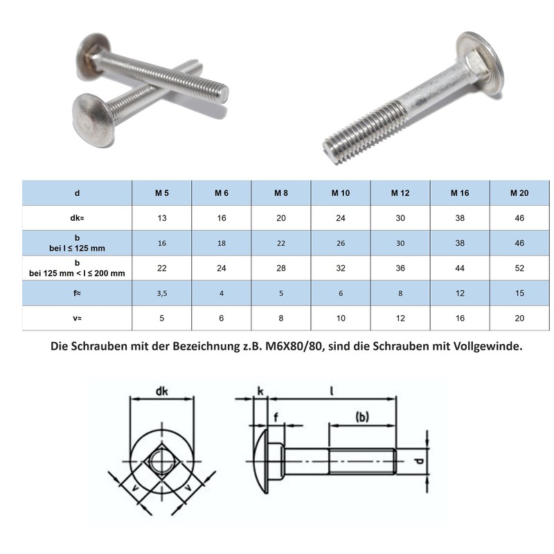 Carriage Bolts M8 x 60/60 Pack of 6 Round-Head Screws