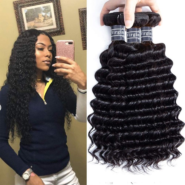 Amella Hair 3 Bundles Virgin Brazilian Hair Deep Wave Human Hair Extensions Unprocessed Human Hair Weave Natural Black Color Can Be Dyed and Bleached(16'' 18'' 20'')