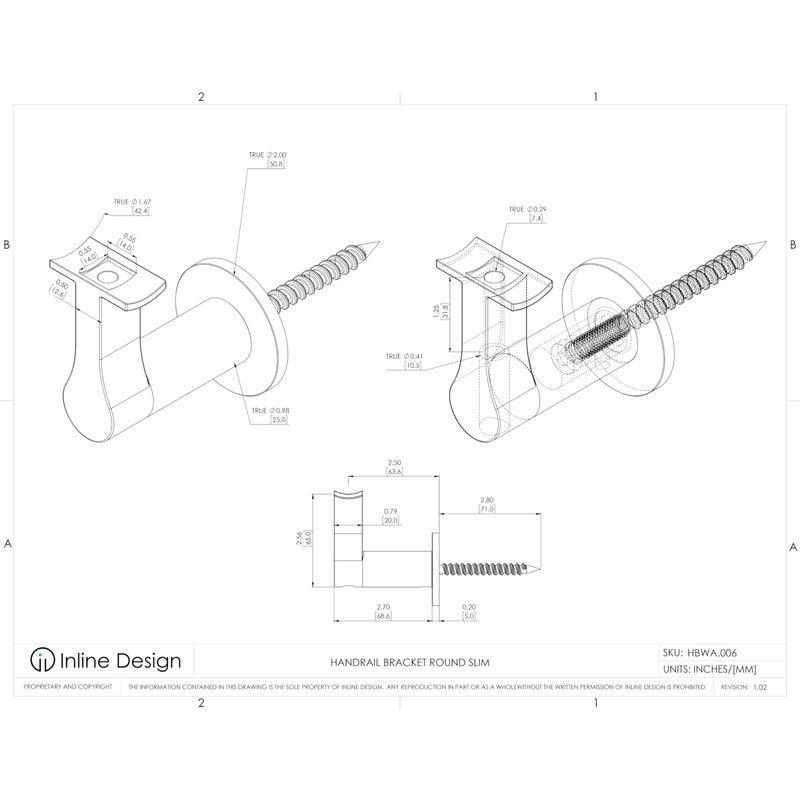 Inline Design Round Slim Stainless Steel 316 Handrail Bracket (Matte