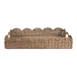 happimess TRY1000A Scalloped 21.5" Southwestern Cottage Hand-Woven Rattan Tray with Handles for Storage,Decoration, Display, Coffee Table or Serving Food, Natural