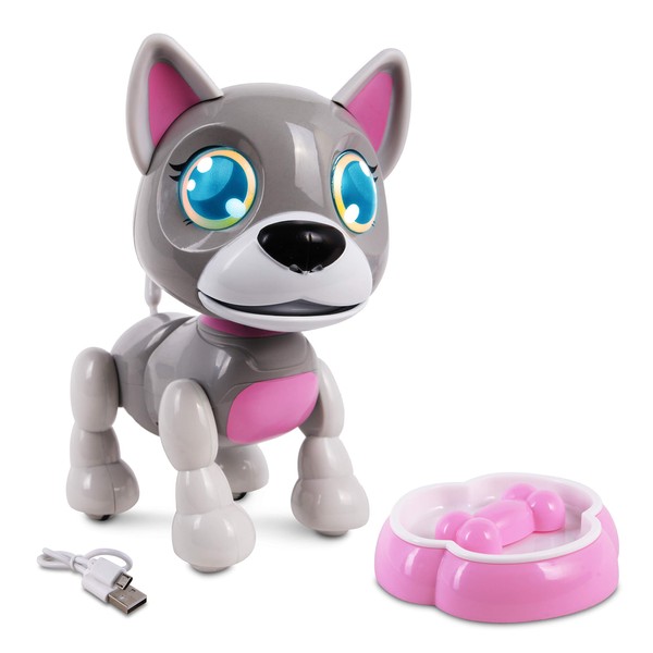 NKOK USB PetBotz - Robo Puppy, Rechargeable, Miniature, Interactive pet Robot, Lights up, Sound Activated, Makes Noises on Command, Comes with pet Bowl and Bone, USB Charger Included