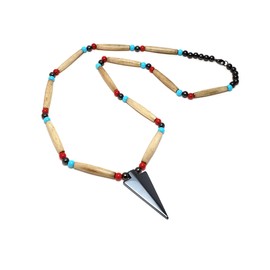 Buffalo Bone Hairpipe Beads Necklace with Hematite Stone Arrowhead Pendant
